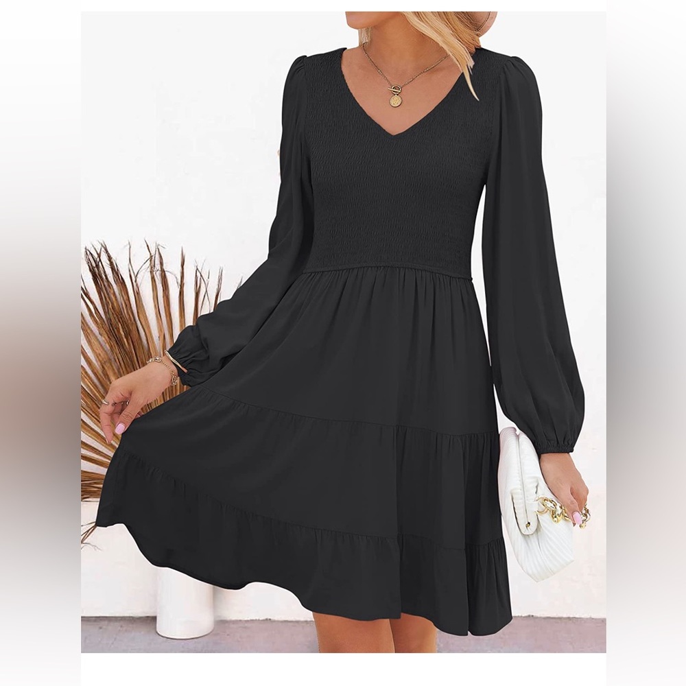 Casual V Neck Long Sleeve Smocked High Waist Ruffle A Line Tiered Mini Dress